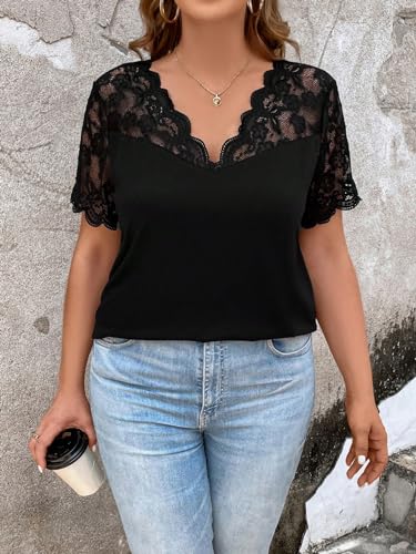 OYOANGLE Women's Plus Size Summer Lace Scallop V Neck Short Sleeve Blouse Shirt Tops3
