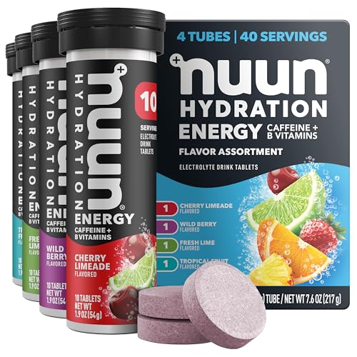 Image of Nuun Energy Caffeine + B Vitamins, Electrolyte Hydration Tablets with Caffeine from Green Tea Extract, Magnesium & 4 Other Electrolytes, Gluten Free, Vegan, Mixed Flavors, 4 Pack (40 Servings Total)