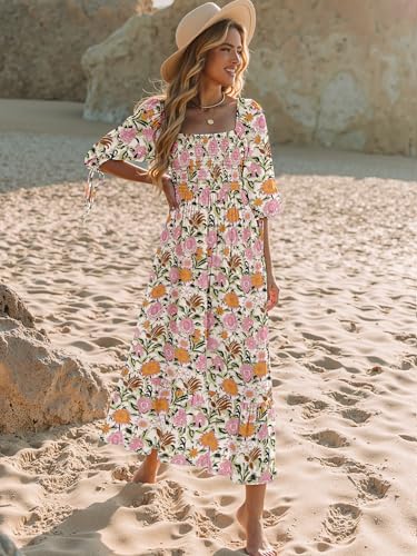 Women Boho Maxi Dresses Summer 2025 Puff Sleeve Square Neck Smocked Aline Casual Ruffle Tiered Flowy Beach Long Dress Pocket4