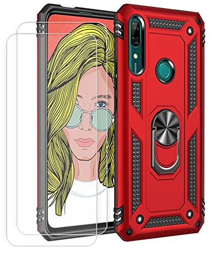 Joytag kompatibel Coque Huawei P Smart Z,Etui + Verre Trempé[2 Pièces] magnétique Support Armure Robuste Antichoc Silicone TPU 360 degré Cas de téléphone de Voiture Bumper-Rouge