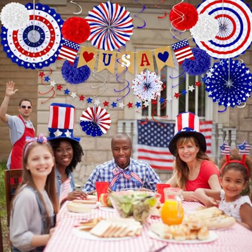 Image of 26Pcs Patriotic Decorations - Red, White & Blue USA Flag Party Pack for Fourth of July, Includes Paper Fans, Pom Poms, Hanging Swirls, Banner & Star Streamer