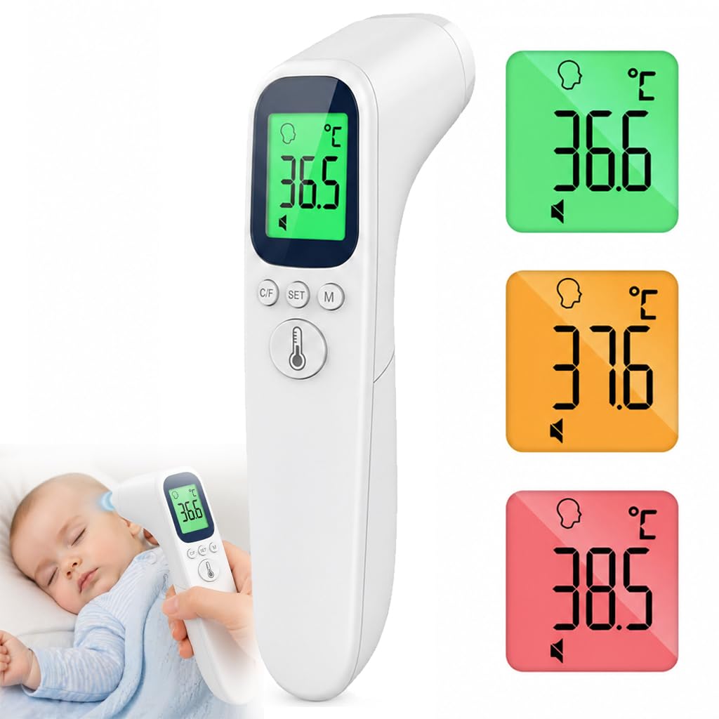Thermomètre Frontal Sans Contact, Thermomètre Infrarouge Médical Numérique pour Bébé, Enfant et Adulte, Écran LCD Rétroéclairé 3 Couleurs, Lecture Instantanée et Précise, Alarme de Fièvre