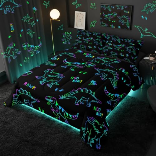 Image of QOOMO Jurassic Dinosaur Kids Bedding Set, Black, Queen Size