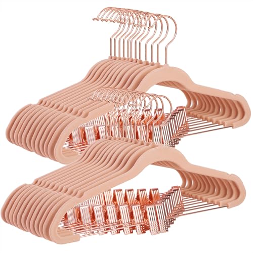 SONGMICS Paquete de 24 Perchas de Pantalones, Perchas de Abrigo de 16,7 Pulgadas con Clips móviles de Color Oro Rosa, Resistentes, Antideslizantes, Ahorro de Espacio, Pantalones, Pantalones, Vestidos