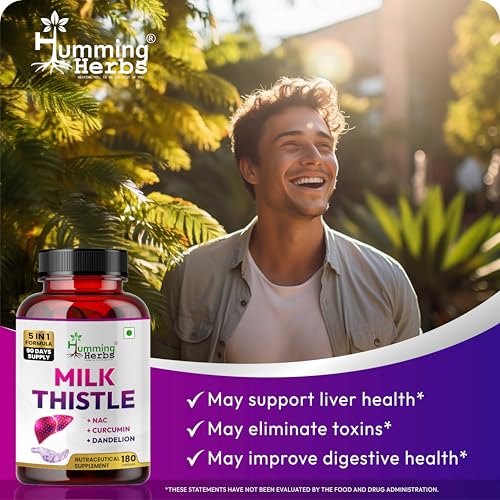 Image of Humming Herbs Milk Thistle Supplement 1140mg Liver Support Formula with NAC, Curcumin, Dandelion and Black Pepper - Bioavailable Detox Supplement - Capsules - 180 Count