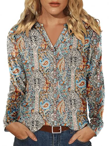 CRAZY GRID Women V Neck Fall Top Loose Fashion Casual Long Sleeve Shirt Comfy Blouse for Daily Wear and Office Work S-3XL2