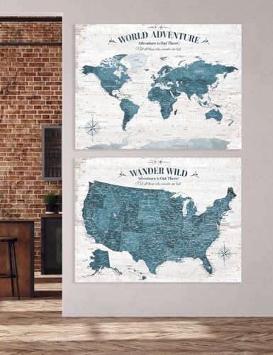 Image of IPIC - Vintage World and USA Push Pin Travel Map Set of 2 on Canvas, Large World Maps for Wall and US Map for Travel Tracking, Wall Art for Travelers and Home Decor, Made in USA
