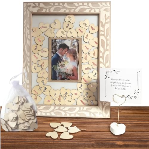 Didart Handmade Cuadro de Firmas con 80 Corazones de Madera – Libro de Firmas Personalizado para Bodas, Aniversarios, 18 Años o Graduación – Marco Decorativo Rústico con Soporte Incluido