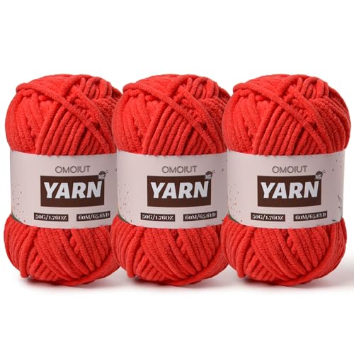 Image of 3 Packs Plush Chenille Chunky Crochet Amigurumi Yarn - Baby Yarn for Crocheting Soft - Fluffy Velvet Knitting for Blankets Crafts 150g / 196.8yds (3 Red)