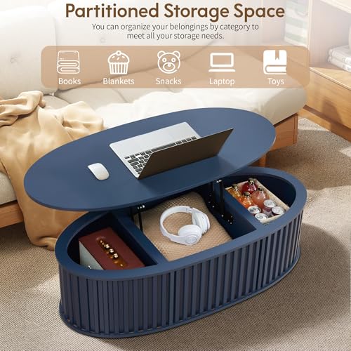 Oval Coffee Table, 43.3'' Fluted Lift Top Coffee Table with Hidden Storage - image 4