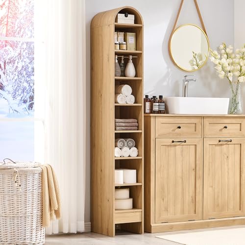 Image of IFBUY 67 inch Tall Arched Bathroom Storage Cabinet, 8-Tier Modern Farmhouse Storage Cabinet with Adjustable Shelves, Wood Freestanding Cabinet for Bathroom, Living Room, Entryway, Hallway (Natural)