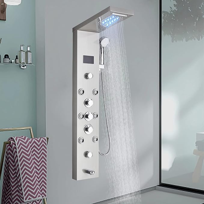 Saeuwtowy Columna de ducha hidromasaje, columna de ducha de acero inoxidable con 8 chorros de masaje de temperatura, sistema de ducha de pared cepillado
