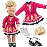 4pc Irish Step Dancing 18' Doll Outfit- American Clothes & Accessories Set Includes Dance Dress, Blonde Hairpiece, Gillies, & Leggings Set for Girls