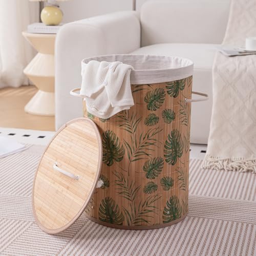 Image of HOKIPO Eco-Friendly Foldable Bamboo Laundry Basket Hamper with Lid, Large, 48 Litre, Tropical Leaves (AR-5750)