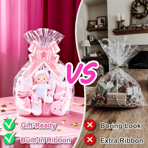 Image of PigPotParty Cellophane Bags for Gift Baskets, 16x24 in, 10 Pack, Pink Bows | Thick clear OPP holds shape; seamless bottom resists tears; easy-to-use large pull bows save time and add a polished finish