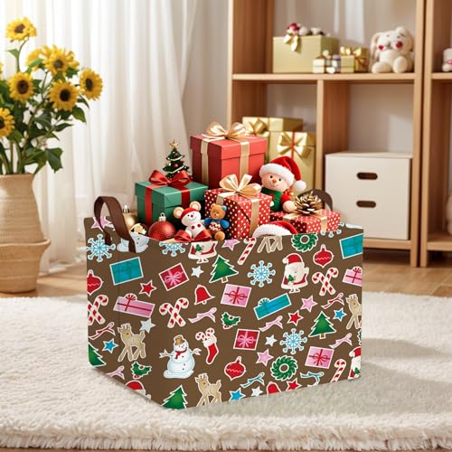 Image of Empty Large Christmas Basket for Gifts Women Collapsible Storage Bin Kids Toy Box Holiday Decor (Santa Claus Snowman Brown)