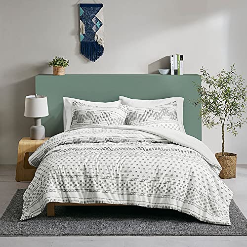 Cotton Farmhouse Comforter Set, King Size Bedding Sets, Dual-Sided Neutral Modern Design, With Boho Style Clipped Jacquard Stripes 3-Pieces /W Matching Pillow Shams (104X90 Inches, White/Charcoal) #TOP1