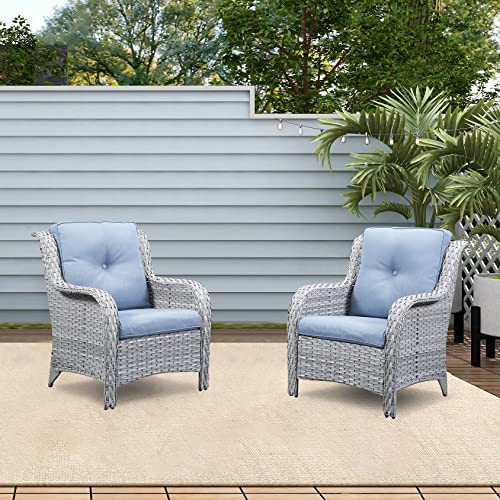 Rilyson Outdoor Patio Chairs Wicker Chair - 2Pc Rattan Chairs Set With High Back And Deep Seating For Deck Porch Outside Garden(Light Grey/Sky Blue) #TOP5
