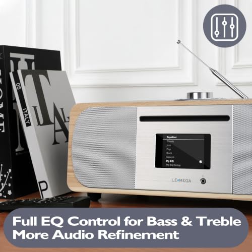 Image of LEMEGA M6P CD Player, FM, Bluetooth, Powerful HiFi, Subwoofer, Oak | 2.8in colour display, 20 presets, remote control, wooden cabinet, headphone jack, internal subwoofer, EQ modes, remote