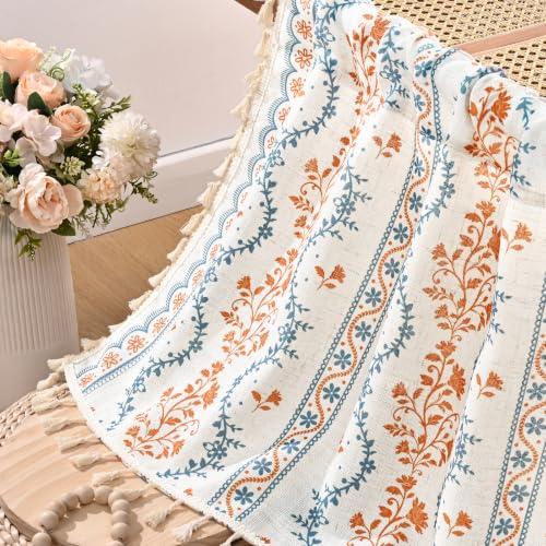Image of Yinhua Boho Valance Curtains Vintage Linen Kitchen Valances for Windows Light Filtering Bohemian Floral Valance Rod Pocket Tassel Window Valances for Bathroom Cafe, 52 inch W X 18 inch L, Blue Orange Floral