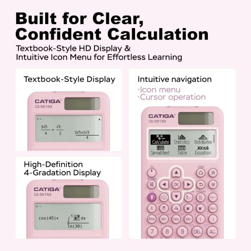 Image of CATIGA Pink Scientific Calculator with Textbook-Style HD Display, Solar & Battery Scientific Calculators for College, High School & Engineering Students, Icon Menu & Magnetic Hard Case, CS-991NX