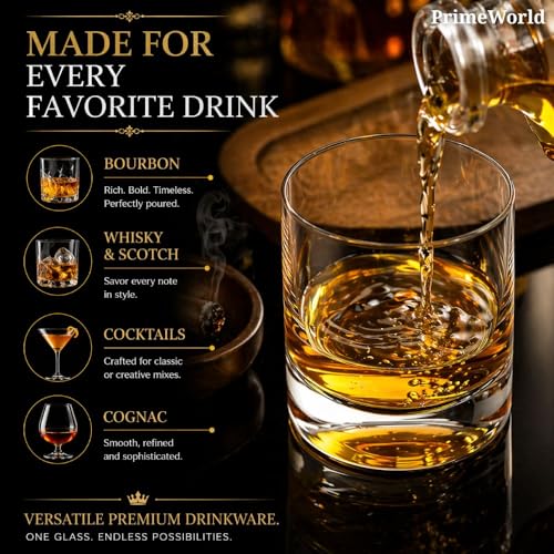 Image of PrimeWorld Mexico Crystal Whiskey Glasses Set of 6 pcs- 300 ml Bar Glass for Drinking Bourbon, Whisky, Scotch, Cocktails, Cognac- Old Fashioned Cocktail Tumblers
