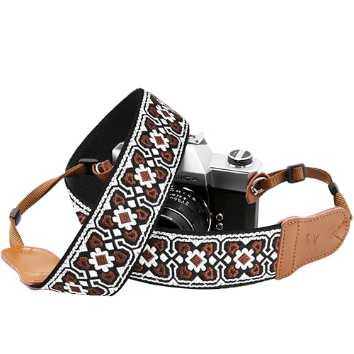 Padwa Lifestyle Sangle Appareil Photo - Extrémités en Cuir de Vachette Ddouble Couche,Sangle D'appareil Photo en Coton Brodé de 2',Bandoulière Photographe Réglable Pour Tous Les Appareils Photo DSLR