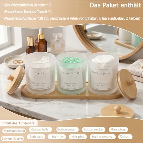 Glas Wattestäbchen Behälter mit Bambus Tablett, 400ml Badezimmer Organizer Set für Wattepads, Zahnseide Sticks, Haargummis & Schminktisch Aufbewahrung, Wattepadspender mit 28 Etiketten (MattWeiß-3er)