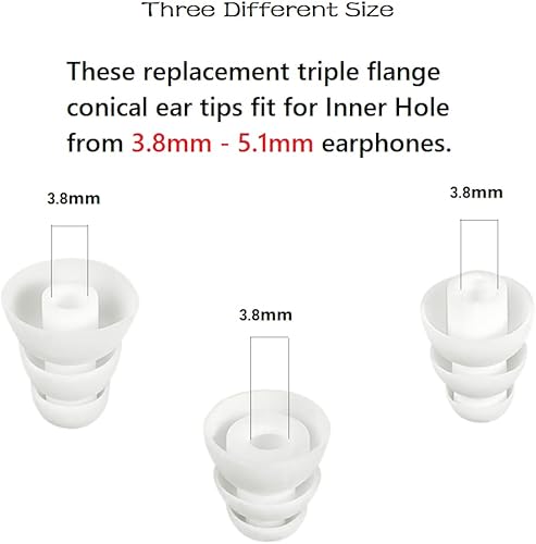 Miniatura 4 de Auriculares de repuesto de silicona suave triple brida para orificio interior de 0.157 in a 0.201 in, 9 pares SML blanco
