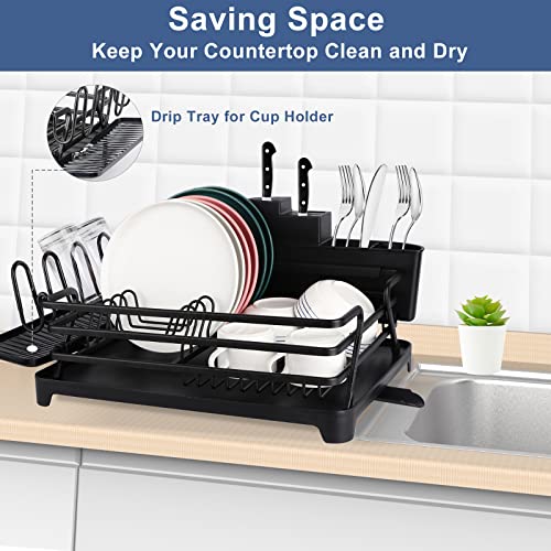 [Upgraded] Aluminum Dish Drying Rack, Rottogoon Rustproof Dish Rack And Drainboard Set With Drainage, Utensil Holder, Cup Holder, Compact Dish Drainer For Kitchen Counter Cabinet, 16.9" X 12.2", Black #TOP5