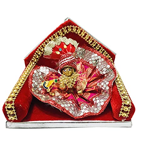 Gavya International Bal Ladoo Gopal Red Gaddi Lord Krishna Aasan with Janmashtami Cloth Swing for Home Temple mandir Home showpiece