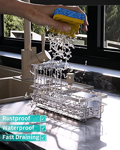 HapiRm Sink Caddy with Brush Holder, Kitchen Sink Organizer with Drain Tray, Rustproof Stainless Steel Sponge Holder for Kitchen - Silver(8.26 * 3.62 * 4.72 in)