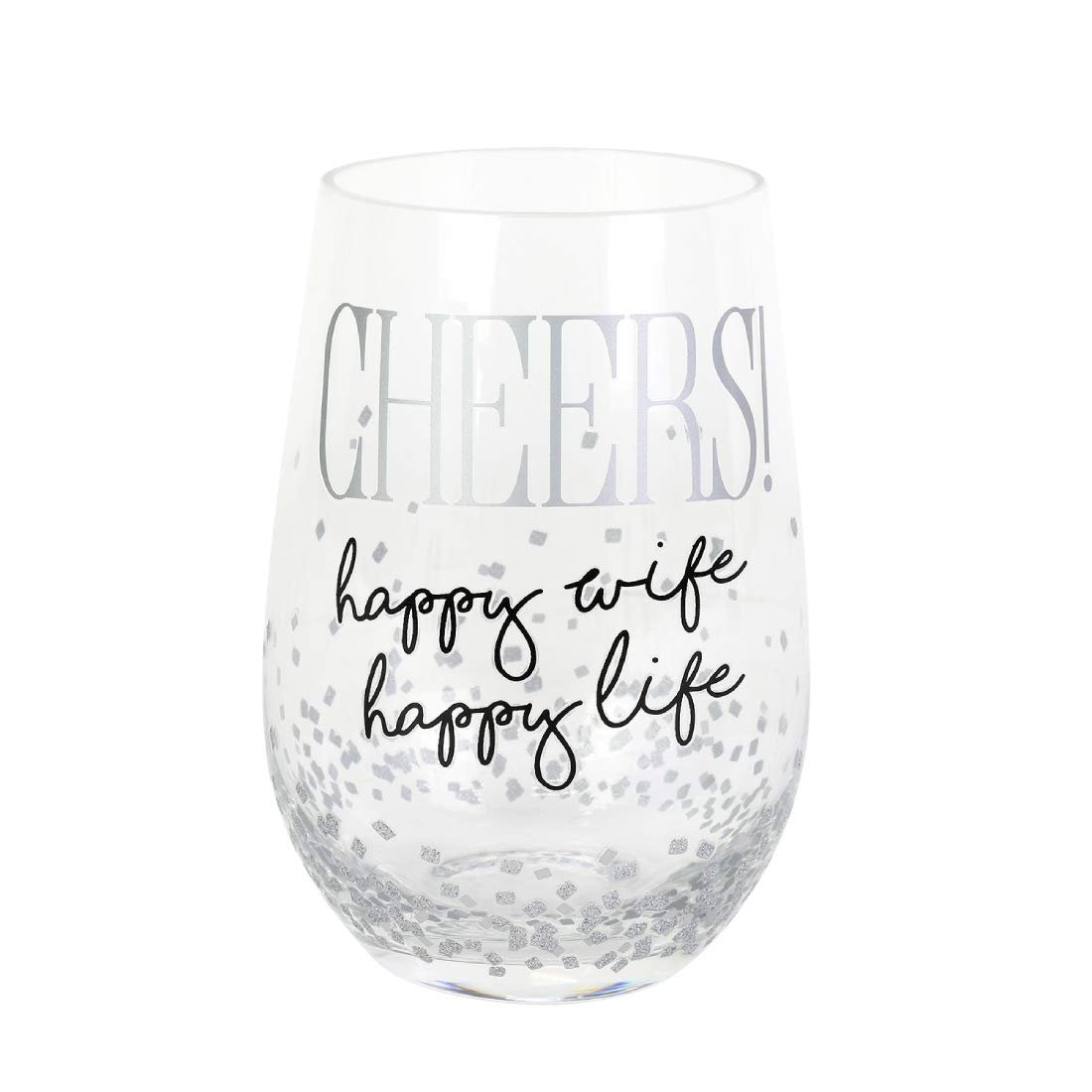 Enesco Our Name is Mud Cheers Wife Happy Life Glittered Stemless Wine Glass, 15 Ounce, Clear