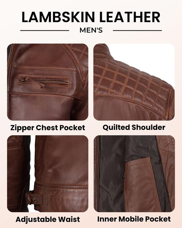 Image of Blingsoul Men's Leather Motorcycle Style Jacket - Quilted Cafe Racer Biker Style Jacket for Men