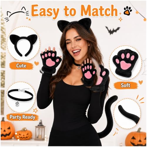 CaeyBrye Black Cat Costume Accessories Set, 5-Piece Cat Ears Headband Tail Paw Gloves and Bell Collar, Halloween Cosplay Costume Kit for Women Adults - image 4