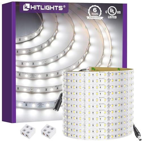 HitLights White LED Strip Lights 5000K 24V, 26.2ft Cuttable Tape Backed 3oz PCB, UL Listed...