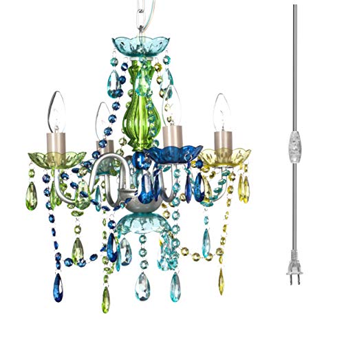 Image of gypsy color The Original Brink House Plug-in 4 Light Blue Green Hanging Swag Chandelier H17.5 inchxW15 inch, Silver Metal Frame with Blue Green Glass Stem and Acrylic Crystals