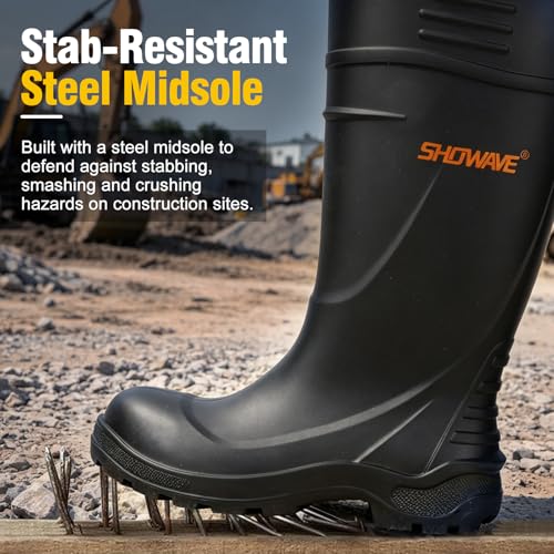Image of Showave Steel Toe Rubber Work Boots for Men Waterproof Durable Concrete Boots for Hunting Manufacturing Construction