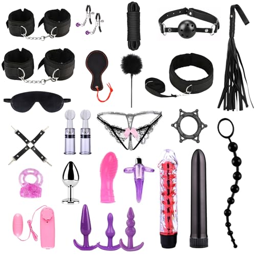 Kit BDSM Bondage 26 Pezzi Qoosea per Coppie Manette Regolabili Cavigliere Collare con Set di Plug Anale Pinze per Capezzoli Frusta Benda per Sex Toys Vibranti per Giochi Sensuali per Adulti