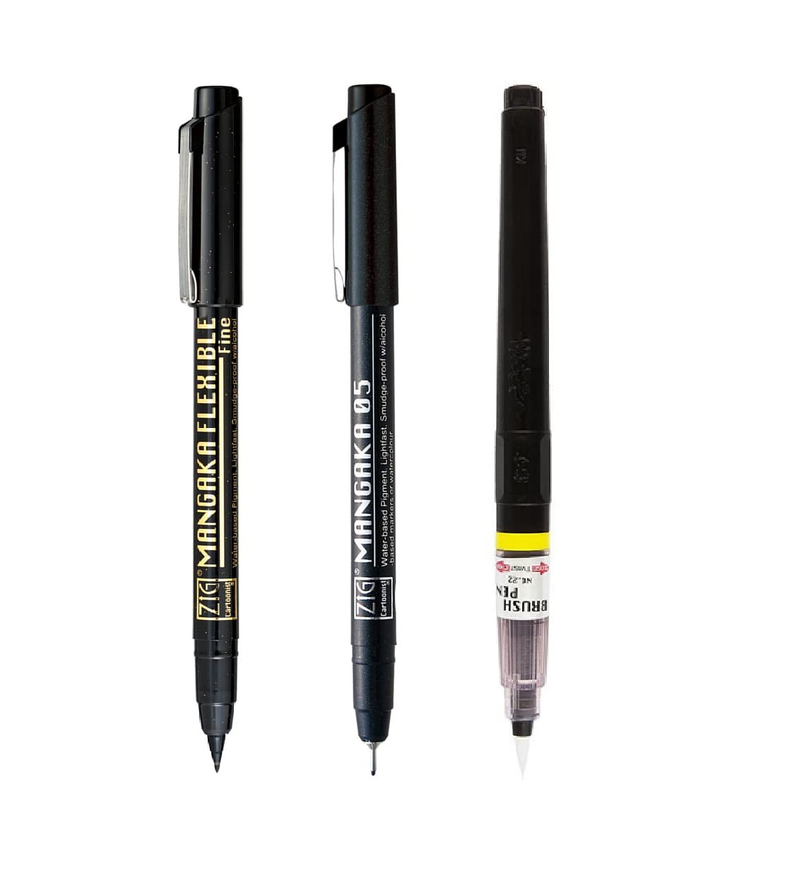 ZIG Special Set,Illustration Basic Set Cartoonist Black Brush Pen No.22, Mangaka Flexible Fine & Micron Pen CNM-05 for Manga Drawing Lettering and Calligraphy,Professional Artist Quality.MADE IN JAPAN