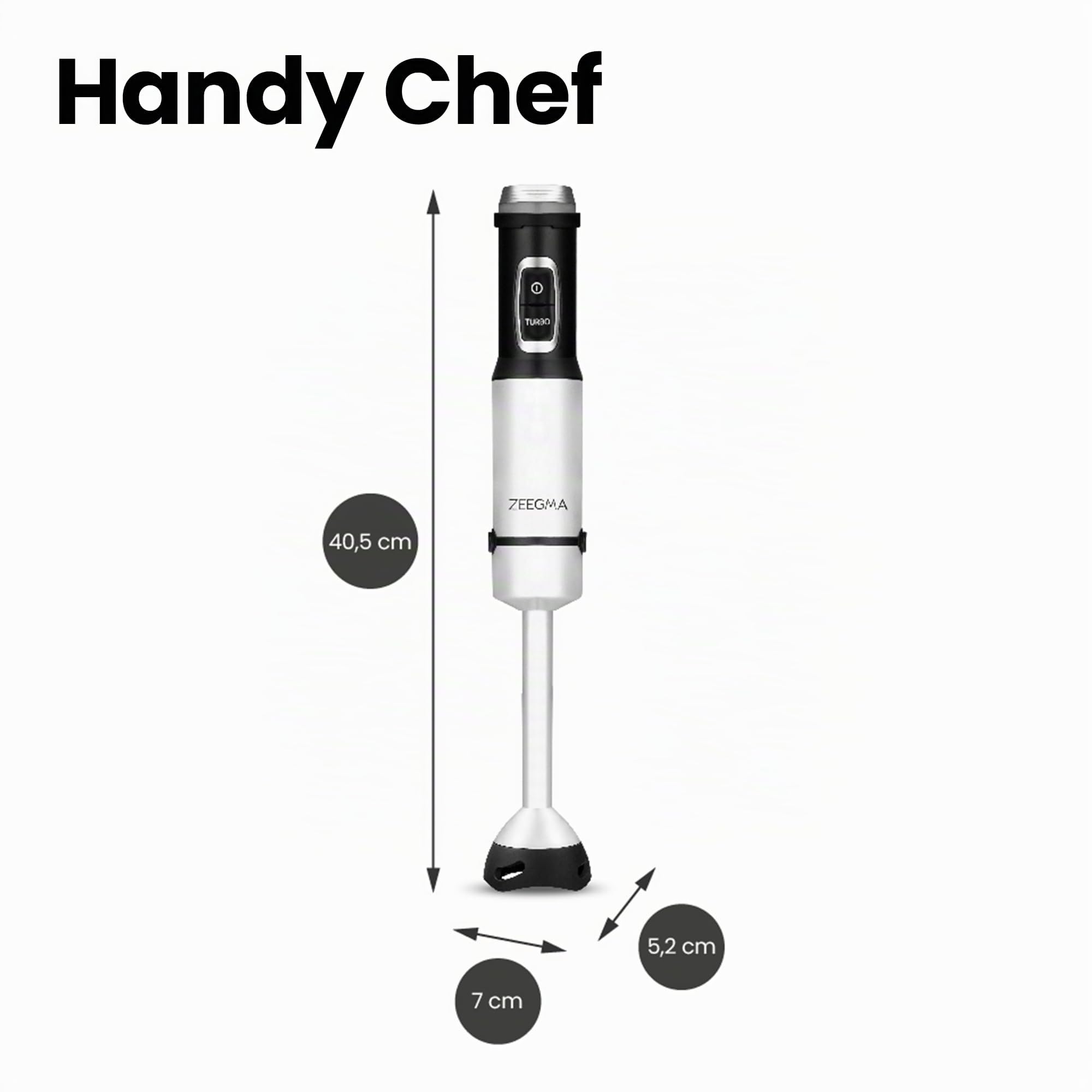 ZEEGMA Batidora de mano Handy Chef 5 en 1 multifuncional de 1500 W, juego de boquillas: batidora, gancho para mezclar, procesador de alimentos de 0,6 l, recipiente de 0,8 l, modo turbo