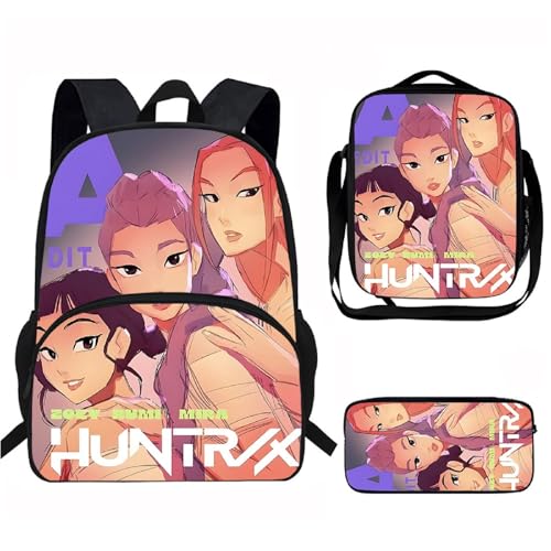 K POP De-Mon H-Hunters Schulset – 3-teiliges Set mit Rucksack Huntrix, Umhängetasche & Federmäppchen, Anime Schulrucksack K-Pop Huntrix Jungen & Mädchen, Unisex Tasche für Schule, Freizeit & Reisen