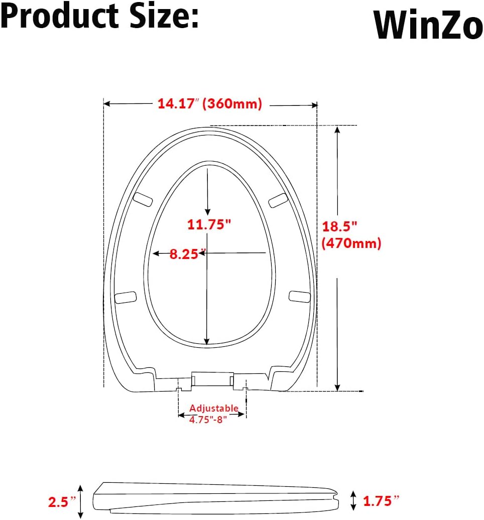 WinZo Black Elongated Toilet Seat Standard Universal Replacement Plastic Cover 18.5" Soft Close Top Mounted Easy Install