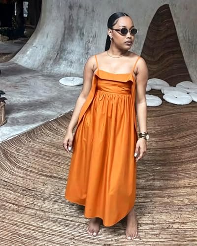 Image of YUEWOO Midi Dresses for Women Casual Summer Sundresses Vacation Outfits Spaghetti Strap Smocked Women Maxi Dress with Pockets