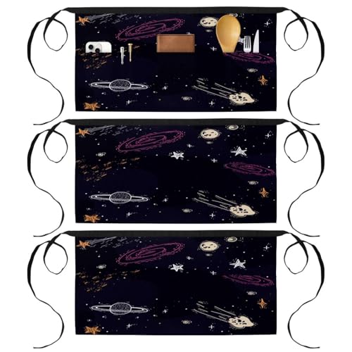 Lot de 3 tabliers courts de chef noir et multicolore avec 3 poches 60x30.5cm