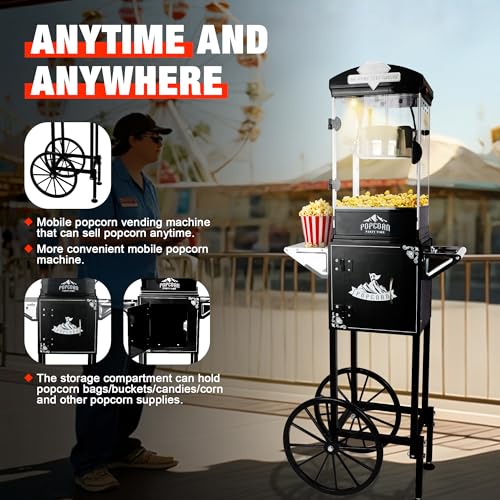 Image of Montary 10 Oz Commercial Popcorn Machine with Cart,Vintage Style Popcorn maker Equipped with Popcorn Scoops, Heated Deck & Storage for Home Movie House and Carnival,Black