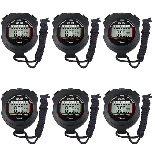 PULIVIA 6 Pack Digital Stopwatch Sports Timer for Coaches, Clock Alarm Calendar Simple Stop Watch for Sports Coaches PE-Teacher Referee, Black