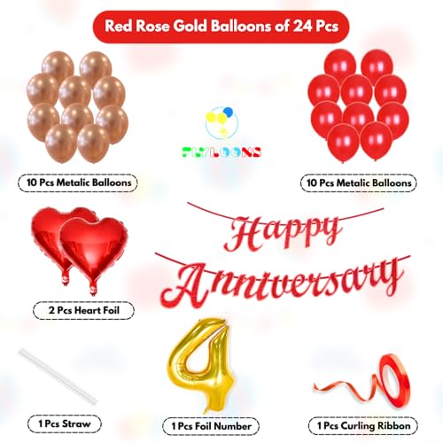 Image of Flyloons 4th Happy Anniversary Decoration Items Red Rose Gold for Men Women Husband Wife Mom Dad Parent Couple Home Bedroom Car With 20 Pcs Metallic Balloons Anniversary Banner 2 Pcs Heart Set Kit