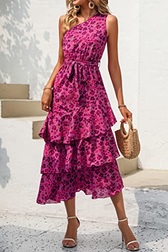 PRETTYGARDEN Women's Summer Floral Sundress Casual One Shoulder Tiered Ruffle Flowy Midi Beach Boho Dresses (Floral Rose Red,Small) - image 2