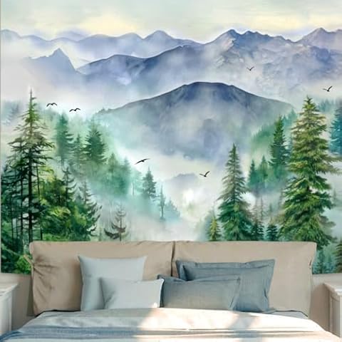 Mountain Forest Wall Tapestry for Bedroom Aesthetic, Large Misty Nature Green Trees Tapestries for Men, Watercolor Landscape Wall Art Tapestry for Living Room Dorm Office Home Decor 60in X 79in Cover
